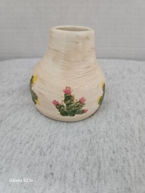 Hand-Painted Small Ceramic Bud Vase in Cream with Pink & Green Floral Motif
